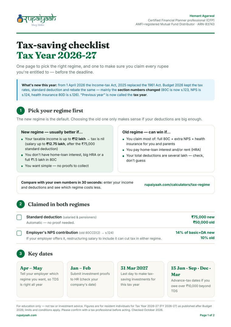 Page 1 of the Rupaiyaah tax-saving checklist for Tax Year 2026-27